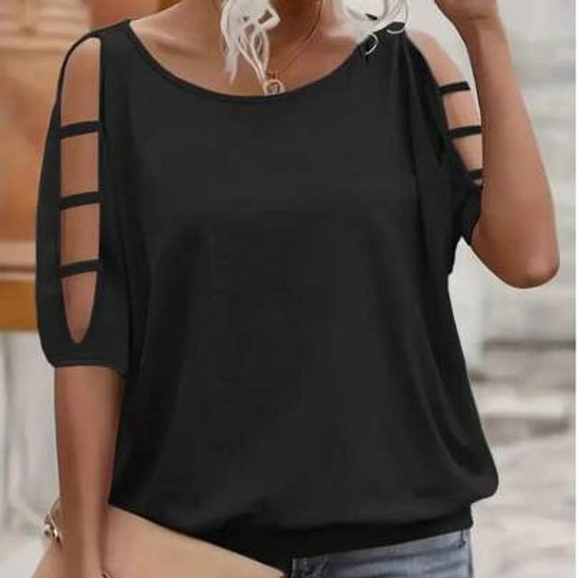 SHEIN Elegant Style] Women&#39;s Plus Size Elegant Solid Color Black T-Shirt With Cut-Out Sleeves - Round Neck, Stretchy Polyester Blend, Machine Washable, Idea