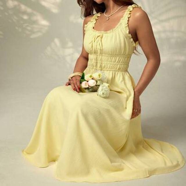 SHEIN Women&#39;s Summer Light Yellow Goose Yellow Wood Ear Edge Wide Shoulder Strap Holiday Long A-Line Dress Butter Yellow Dress