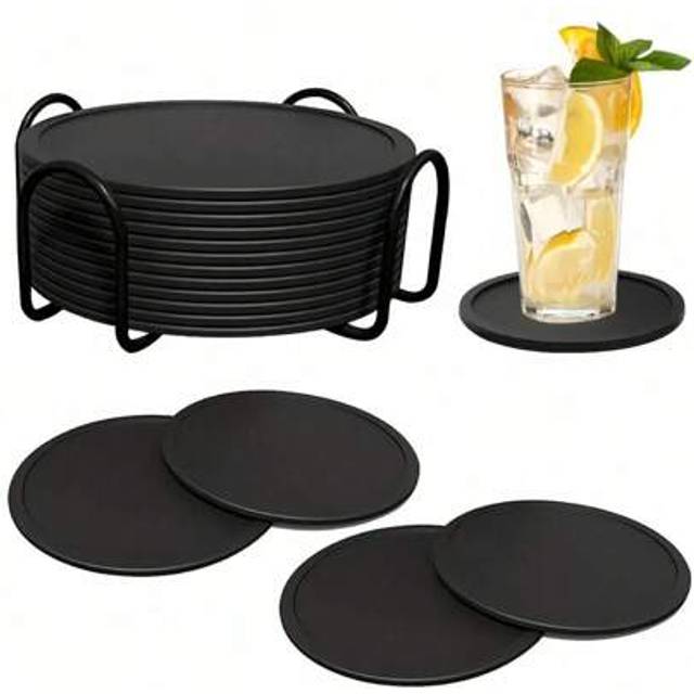 SHEIN 3/6/12pcs  Round Silicone Coasters, Black Coasters, For Drink Absorbent With Stand, Beverage Silicone Coasters, Non-Slip, Non-Stick, Coasters For Desk