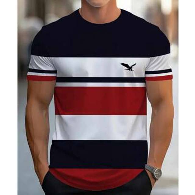 SHEIN Men&#39;s Lightweight Polyester T-Shirt - Summer 2024 Fashionable Quick-Dry Short Sleeve With 3D Digital Print, Casual Crew Neck In White/Black/Red Stripe