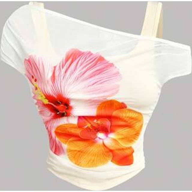 SHEIN Teen Girls Fitted Mesh Floral Print Cream T-Shirt Suitable For Dates, Parties, Casual And Work Occasions, Gathered Curved Beautiful Girls Street T-Shi