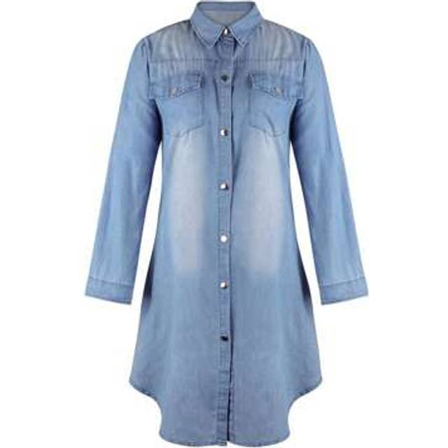 SHEIN Women Fashion Denim Shirt Dress, Long Sleeve Lapel Single Breasted Casual Solid Color Tunic Tops