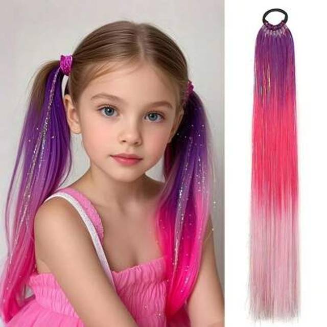 SHEIN Purple Red Pink Tinsel Ponytail Extension With Elastic Hair Tie Synthetic Braiding Hair For Kids Girls Crazy Hair Day Brave Hair