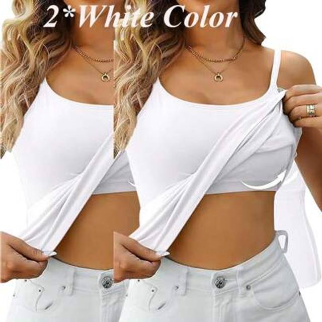 SHEIN 2 PACK 2 In 1 Tank Tops With Built-In Bra Women&#39;s Basic Seamless Camisole Spaghetti Straps Slim Fit Tops Summer Yoga Sports Cami Vest Tee Plus Size