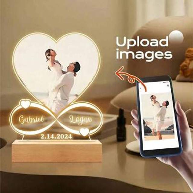 SHEIN Personalized Anniversary Couples Gifts For Women And Men, Custom Acrylic Heart Picture Frame With Photo, Custom Acrylic Plaque With Night Light, Perso