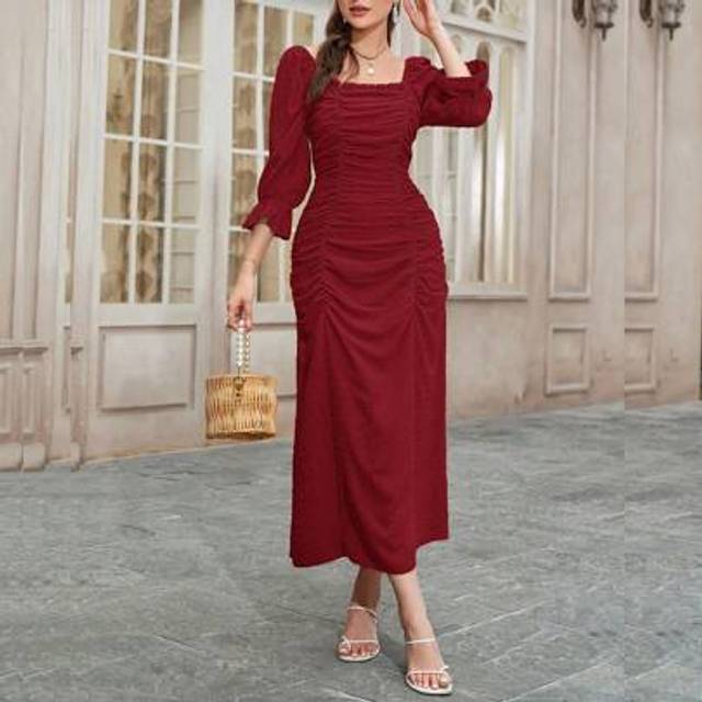 SHEIN Women&#39;s Bodycon Maxi Dress Ruched Fashion Long Sleeve Tight Fitted Party Club Dresses