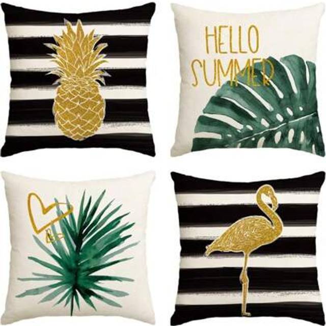 SHEIN Watercolor Striped Tropical Plant Throw Pillow Cover, Pineapple Flamingo Monster Sofa Cushion Cover 4-Piece Set, Printed On One Side Without Pillow Co