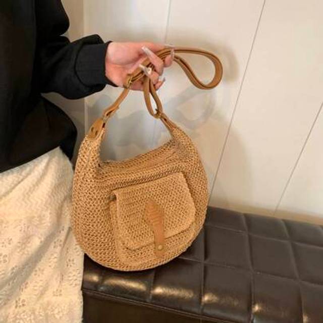 SHEIN Fashionable Retro Large Capacity Woven Beach Bag, Shoulder Crossbody Straw Bag For Vacation, Eye-Catching Beach Bag Summer, Summer Straw Beach Bag For
