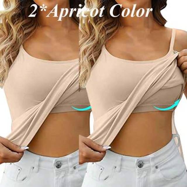 SHEIN 2 PACK 2 In 1 Tank Tops With Built-In Bra Women&#39;s Basic Seamless Camisole Spaghetti Straps Slim Fit Tops Summer Yoga Sports Cami Vest Tee Plus Size