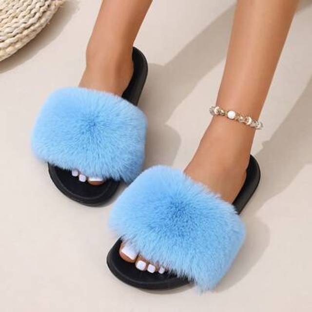 SHEIN Women&#39;s Fluffy Colorful Slides, Plain Color Plush Anti-Slip Sole Beach, Indoor & Outdoor Fashion, Summer