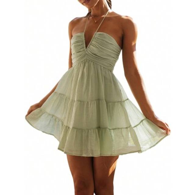 SHEIN Women&#39;s Summer Mini Dress Casual Sleeveless Halter Neck Flowy Tiered Dress Cute Vacation Dress