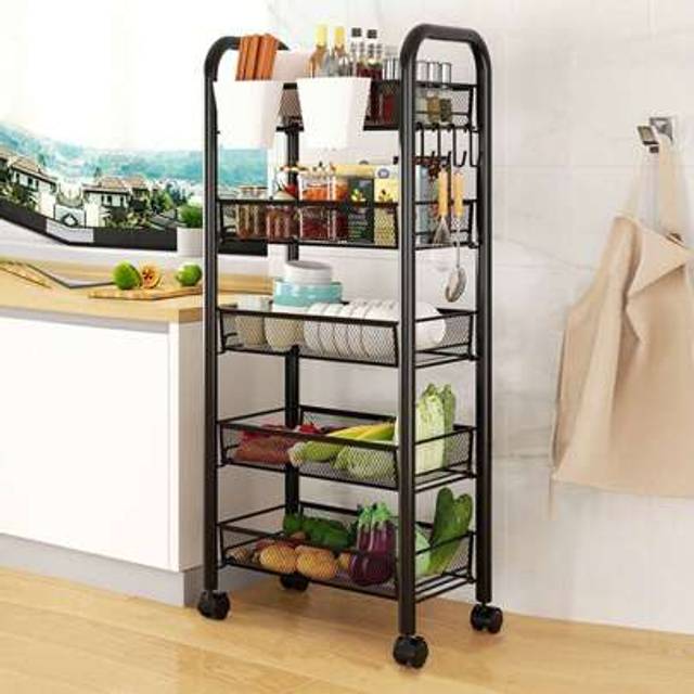SHEIN Fruit Vegetable Storage Basket, 5 Tier Stackable Metal Mesh Storage Basket With 360 Degree Wheels, Fruit Vegetable Produce Basket Storage Organizer Fo