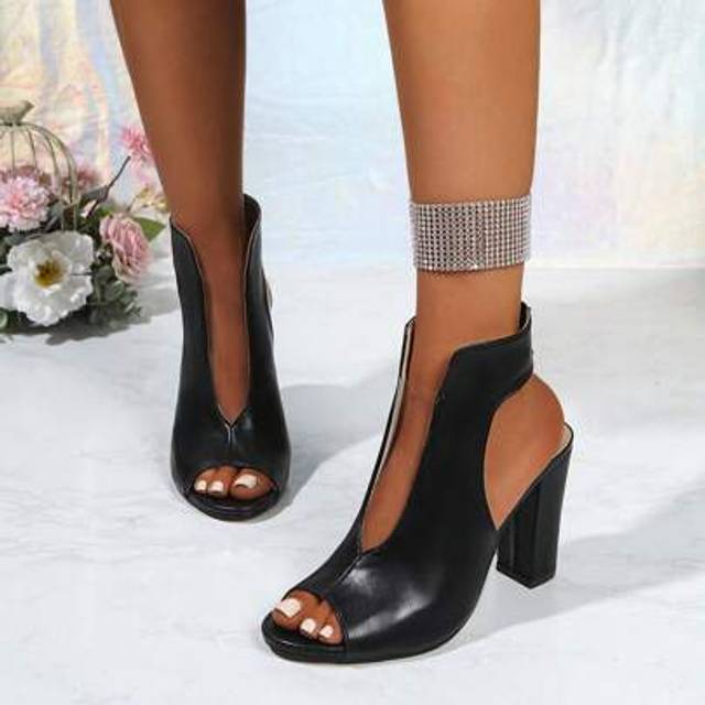 SHEIN 2025 New Dual-Color Leopard Patchwork Women&#39;s Boots, Non-Tiring Chunky Heel High Heel Round Toe Open Toe Sandals