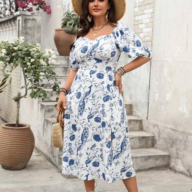 SHEIN Women&#39;s Summer Plus Size Dress Floral Peacock Print Short Sleeved U Neck Slit Casual Dresses Daily Streetwear