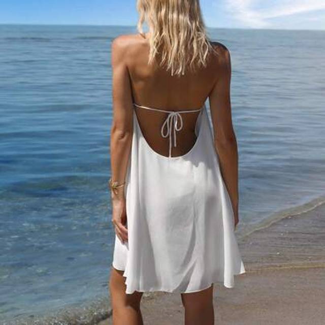 Sweetina Women&#39;s White Halter Backless Loose A-Line Mini Dress, Casual Resort Beach