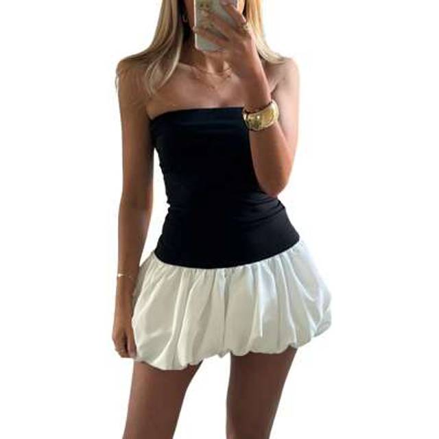 SHEIN Women Strapless Mini Dress Summer Solid Color Puff Bubble Party Dress For Cocktail Beach Streetwear