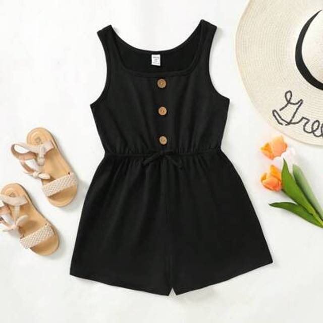 SHEIN Tween Girls&#39; Casual Loose Black Romper, Suitable For Vacation & Beach Outings