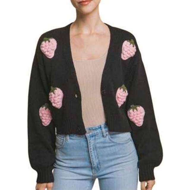 SHEIN Women&#39;s Crop Cardigan Sweater Strawberry Embroidery Button Down V Neck Long Sleeve Knit Sweater Jacket For Fall Spring