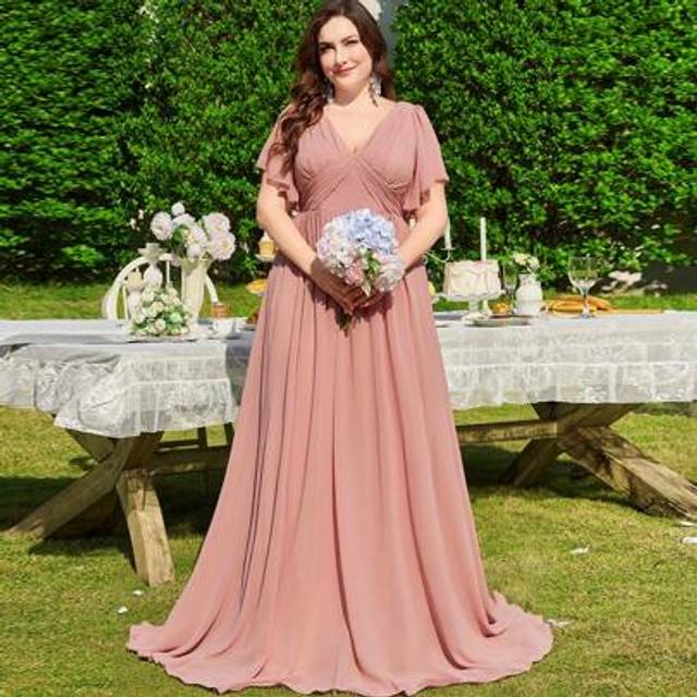 SHEIN Plus Size Sexy Deep V-Neck Pleated Chiffon Fitted Party Dress, Suitable For Ball, Wedding,Bridesmaid Dress