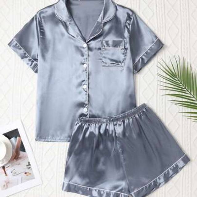 SHEIN Women Elegant Solid Color Short Silk Pajama Set - Short Sleeve Button Collar Top And Pants, Soft Satin Sleepwear, Machine Washable, Suitable For Outer