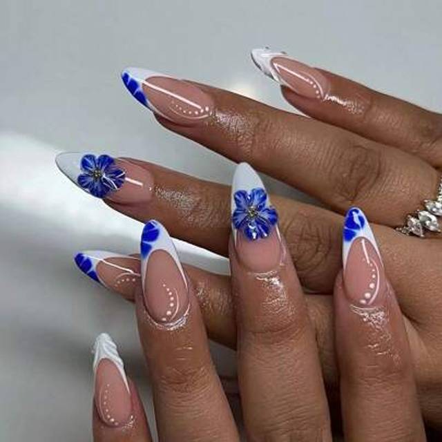 SHEIN 24Pcs 3d Gelnails Makes Almond French Tip Press On Nails Medium 3D Gel Flowernails Design Acrylic False Nails Set, Contain 1pc Jelly Glue And 1pc Nail