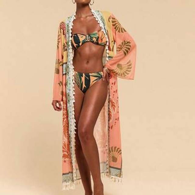 Travachic Women&#39;s All-Over Print Tassel Decor Casual Vacation Long Sleeve Coverup,Summer Outfits For Women,Rave Outfits Festival,Beach Outfits For Woman,Floral,