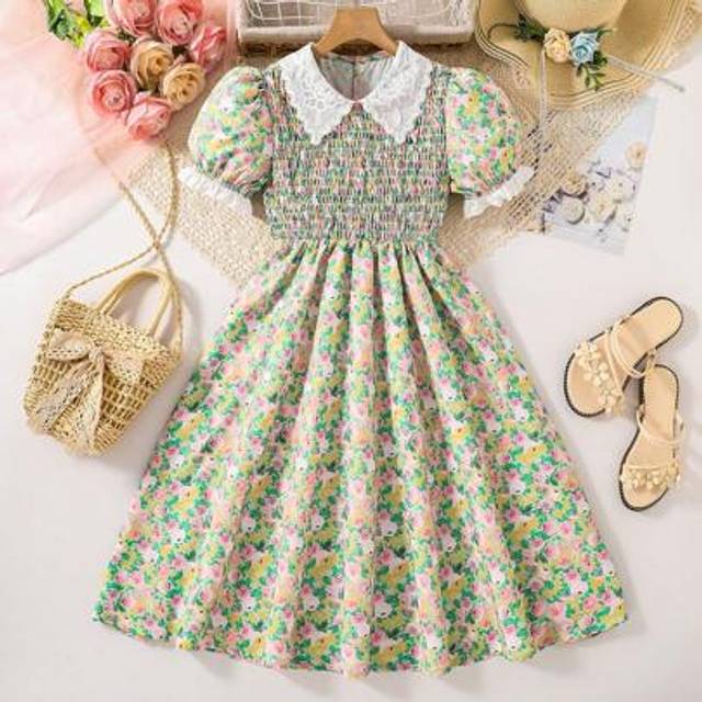 SHEIN Tween Girls&#39; Vacation Casual Ditsy Ditsy Floral Puff Sleeve Babydoll Dress