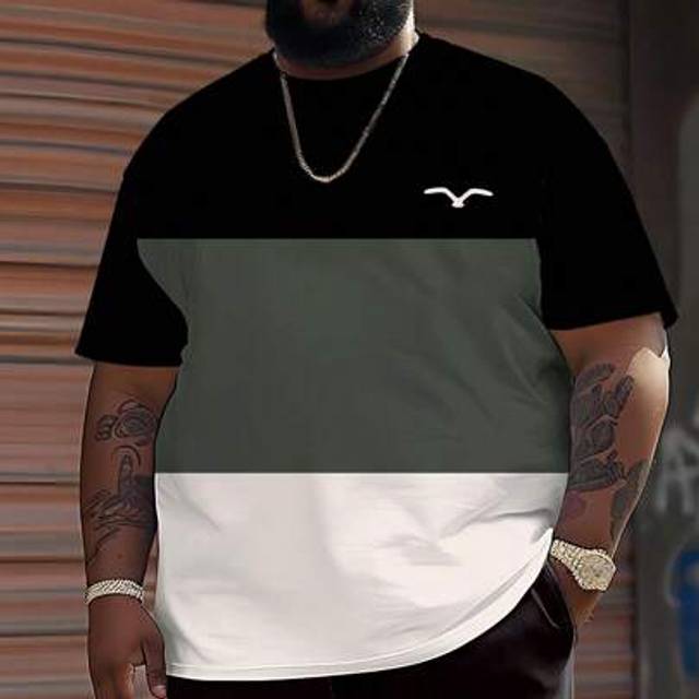 SHEIN Plus Size Men&#39;s Plaid Colorblock Graphic Printed T-Shirt - Polyester Knit Fabric, Round Neck, Casual Fit, Creative Design