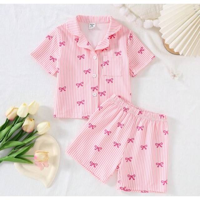 SHEIN Baby Girls Pajamas: 2pcs/Set Classic Striped Pink Bowknot Collar Short Sleeve Shorts Casual Comfortable Sleepwear Set. (Mommy And Me Matching Outfits