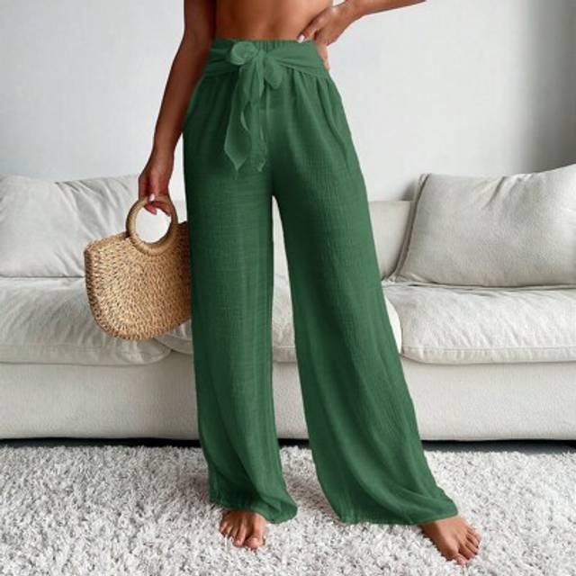 Swim Vcay Women&#39;s Solid Color Beachwear Tie Waist Cover Up & Wide Leg Pants