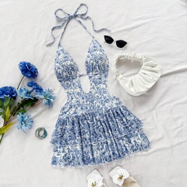 Soleia Spring & Summer Holiday Blue & White Floral Print Deep V Neck Backless Tied Bow Waist Ruffle Hem Mini Dress, Suitable For Party, Sexy Date, Afternoon