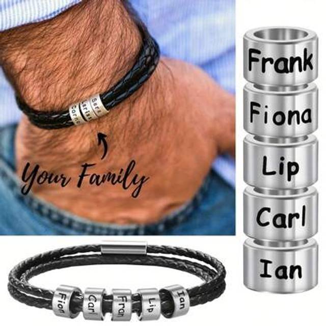 SHEIN Customized Family Name Men&#39;s Bracelet, 3-Layer Black Leather Magnetic Bracelet, 20cm 22cm Gold/Silver, Personalized Stainless Steel Beads, Laser Engra