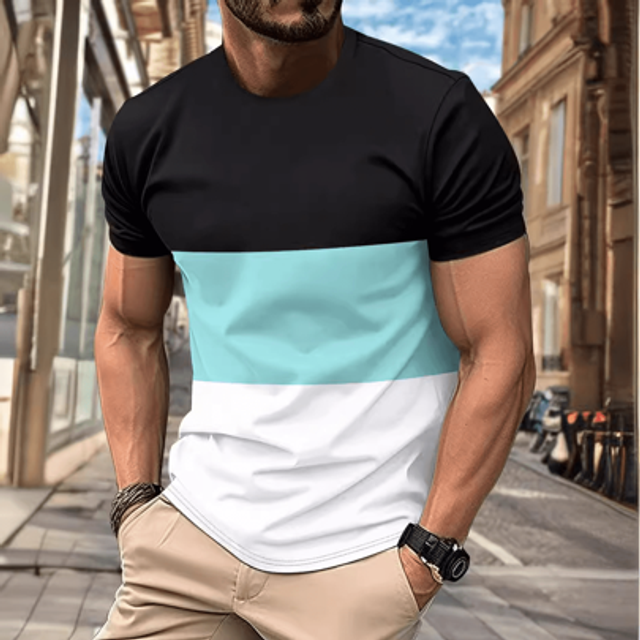 SHEIN Men&#39;s Colorblock T-Shirt, Breathable & Comfortable Casual Sports Fitness Beach Holiday Short Sleeve Top, Summer