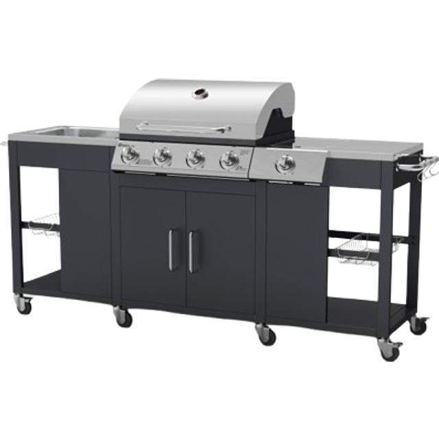 Petersburg Outdoor Kitchen with 4 Burner Gas Grill, Side Burner and sink - Black