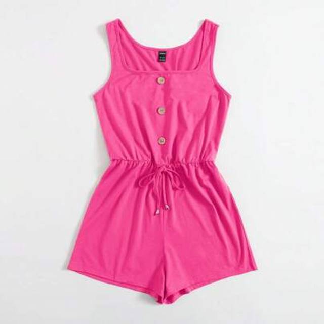 SHEIN Women&#39;s Summer Square Neck Button Decor Casual Solid Knit Romper