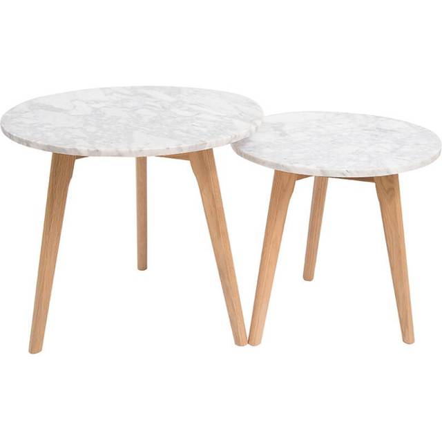 Harlow Round Nesting Tables -Elegant Oak Base & Luxe White Marble Tops