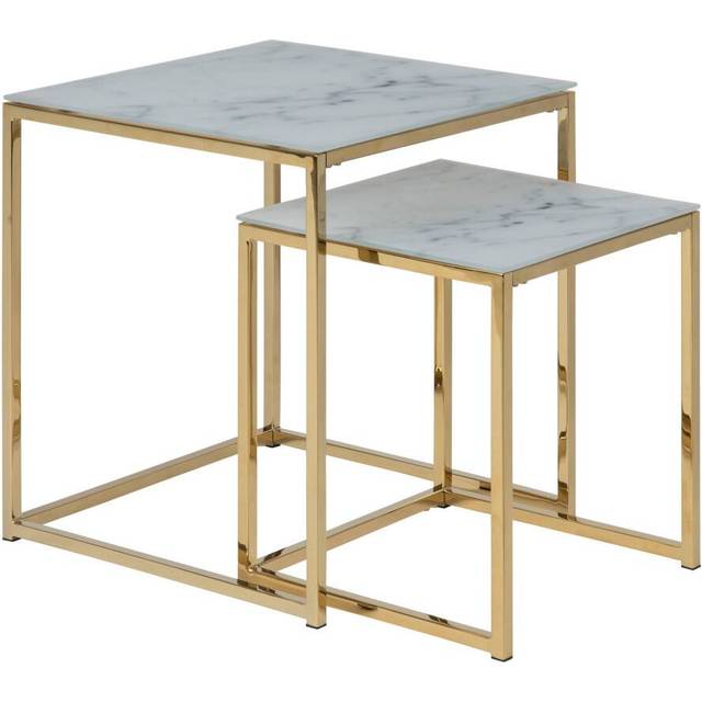 Indoor Furniture Group Alisma Nest of Tables with White Crystal Clear Marble Glass Top & Gold Legs, White