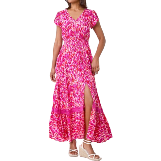 Abstract Print Shirred Waist Maxi Dress - Pink - Size 12 - Roman