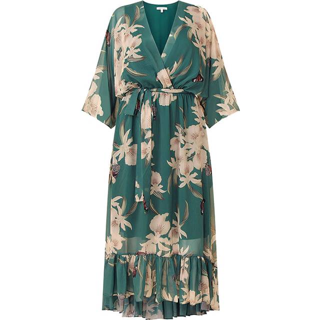 Yumi Floral Print Kimono Midi Wrap Dress - Green - Size 12 - Yumi