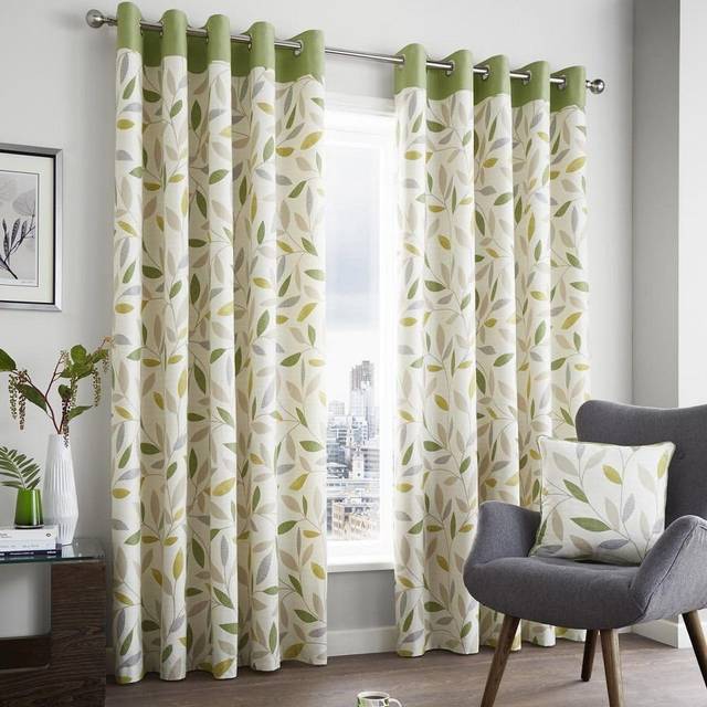 Fusion Beechwood Ready Made Eyelet Curtains Green - Green/Cream