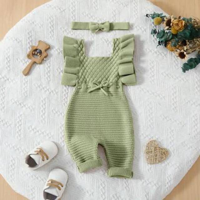 SHEIN Baby Girl Ruffled Collar Casual Jacquard Sweater Romper And Bow Headband Set