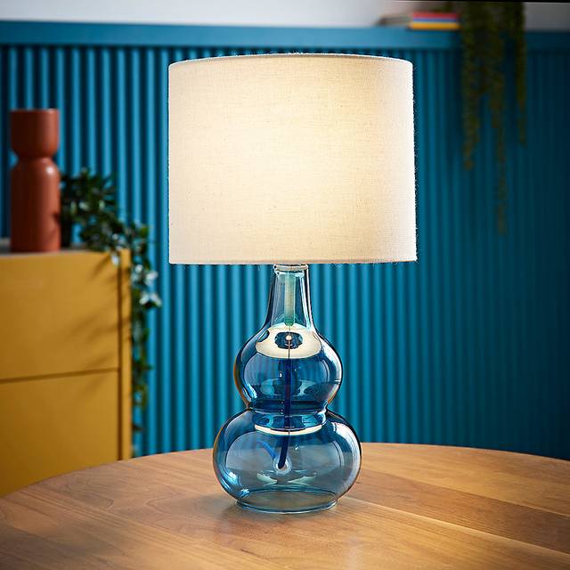 ValueLights Aida Natural Linen Tall Lamp Shade Blue Bubble Glass LED Table Lamp - 37 x 21 x 21cm