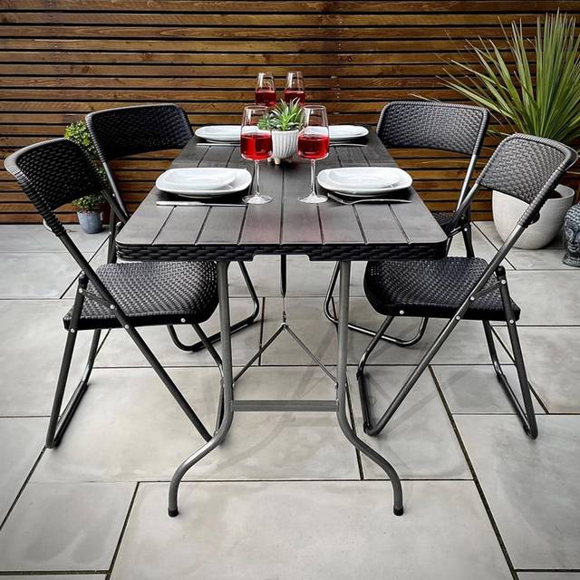 Garden Gear 4 Seater Rattan and Wood Effect Folding Plastic Dining Set Black