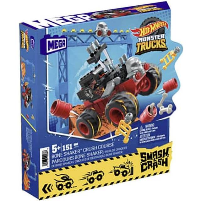 Mega Hot Wheels, Monster Trucks, Byggleksak, Smash & Crash Bone Shaker Crush Course med 151 stycken, 1 figur och 1 ramp, röd, barn ålder 5+ år, HKF87
