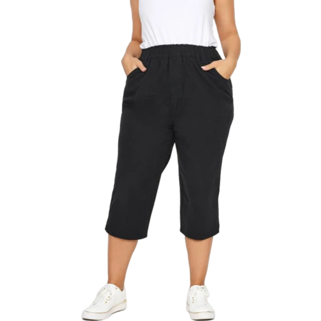 Yours Curve Black Elasticated Cool Cotton Cropped Trousers, Women's Curve & Plus Size, Yours - 18