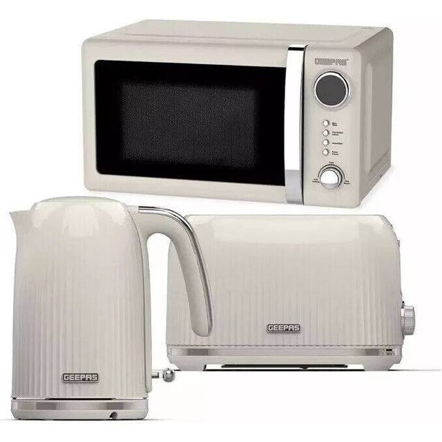 Fluted 1.7L Electric Kettle, 2-Slice Toaster & Microwave Set In Cream
