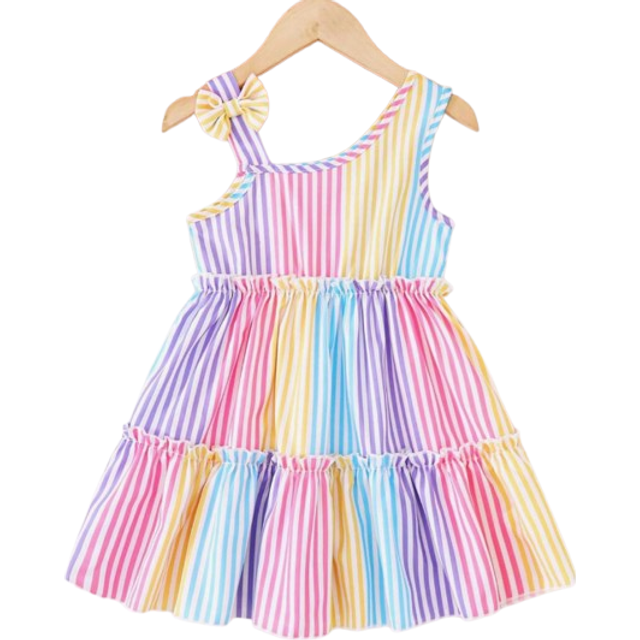SHEIN Girl Toddlers&#39; Fashion Gradient Striped Sleeveless Oblique Shoulder Strap Dress Set, Suitable For Party, Outing, Casual, Holiday, Home Wear, Summer