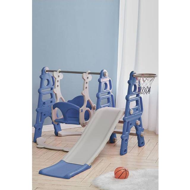 3-in-1 Children Toddler Swing and Slide Set with Basketball Hoop - Blue - One Size