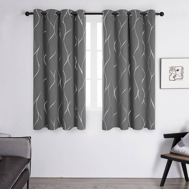 Deconovo Blackout Curtains, Thermal Insulated Curtains, Wave Line Foil Printed Ring Top Curtains for Girls Bedroom, 46 x 54 Inch(Width x Length),
