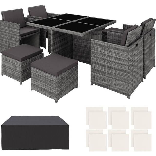 Manhattan Rattan Garden Dining Table and Four Armchairs with Four Stools and Rain Cover - Grey, Grey